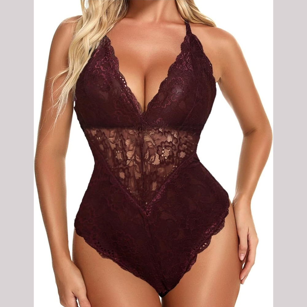 Avid Love One Piece Sexy Lace Bodysuit Burgandy - Small